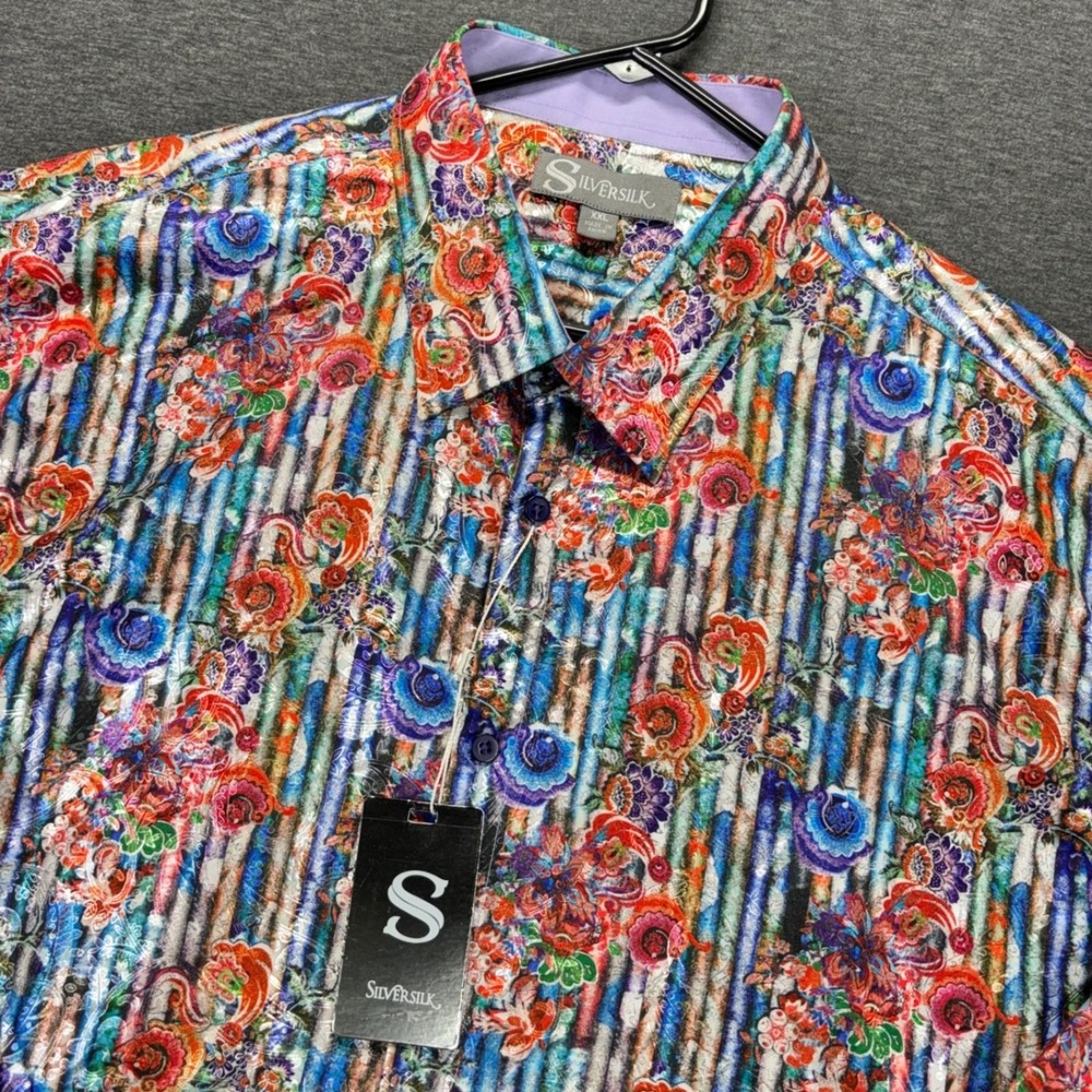 Silversilk Shirt Mens XXL Long Sleeve Floral Metallic Floral Button Multicolor‎
